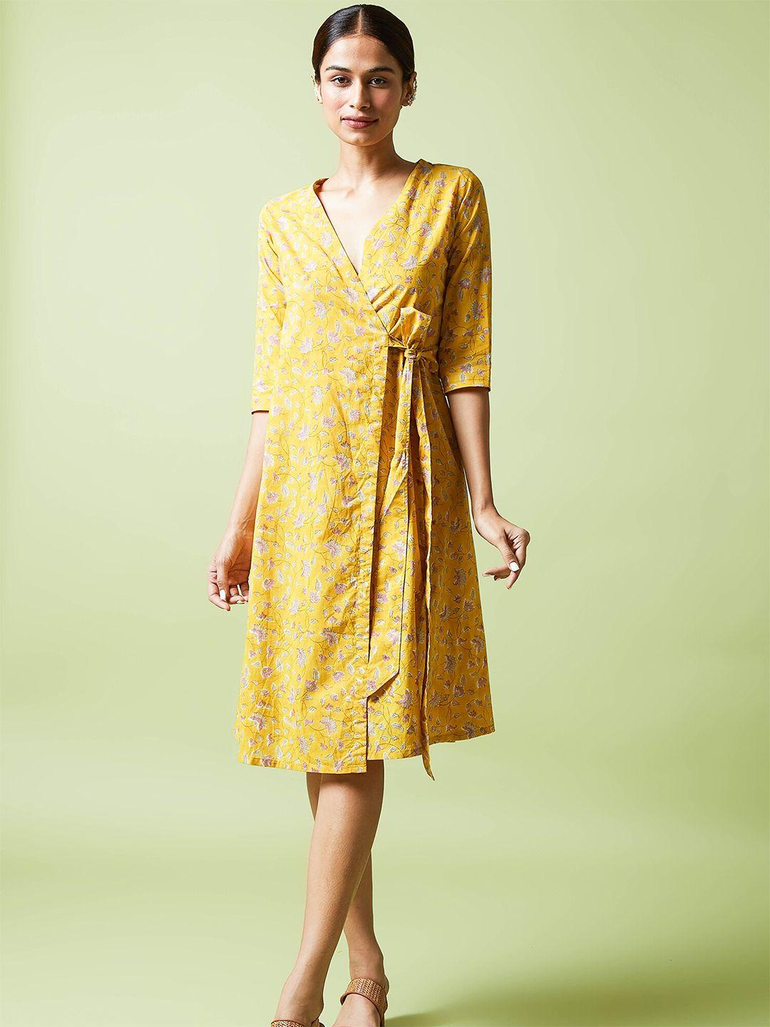 okhai women yellow floral printed wrap dress