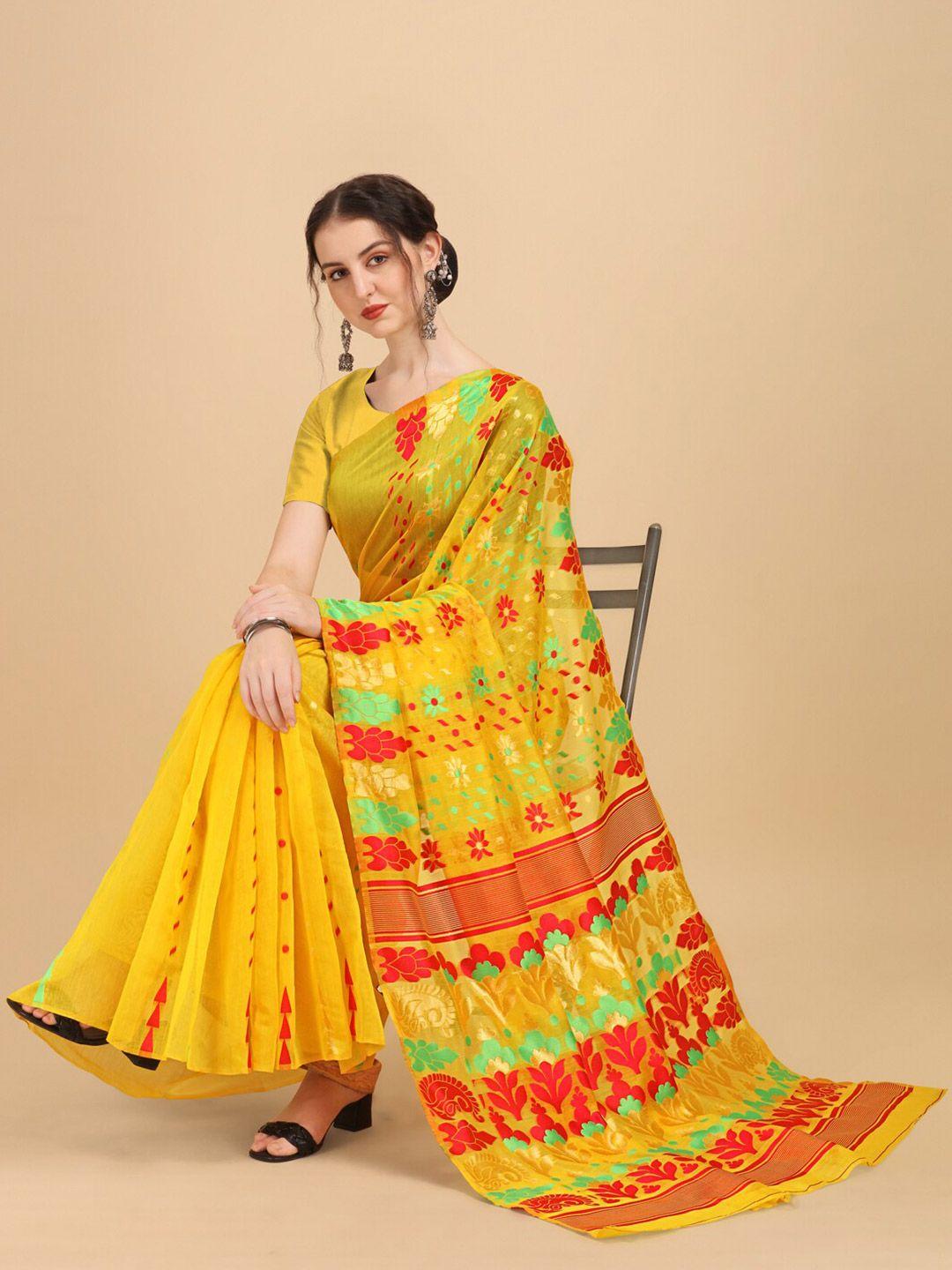 besucher yellow & green floral zari jamdani saree