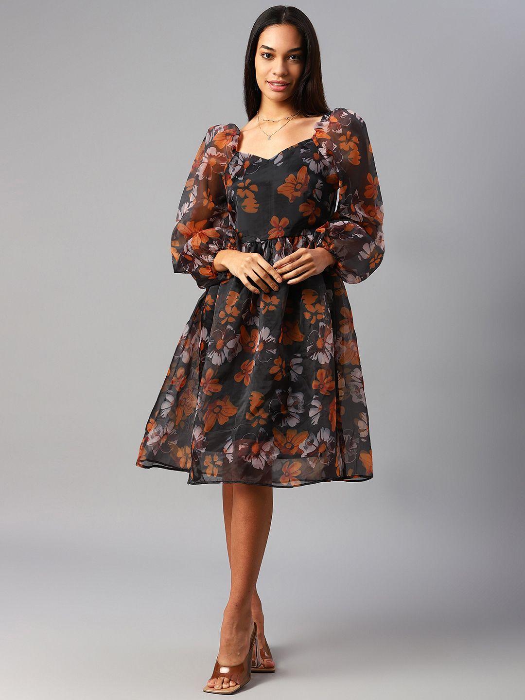 pluss black & orange floral puff sleeves a-line dress