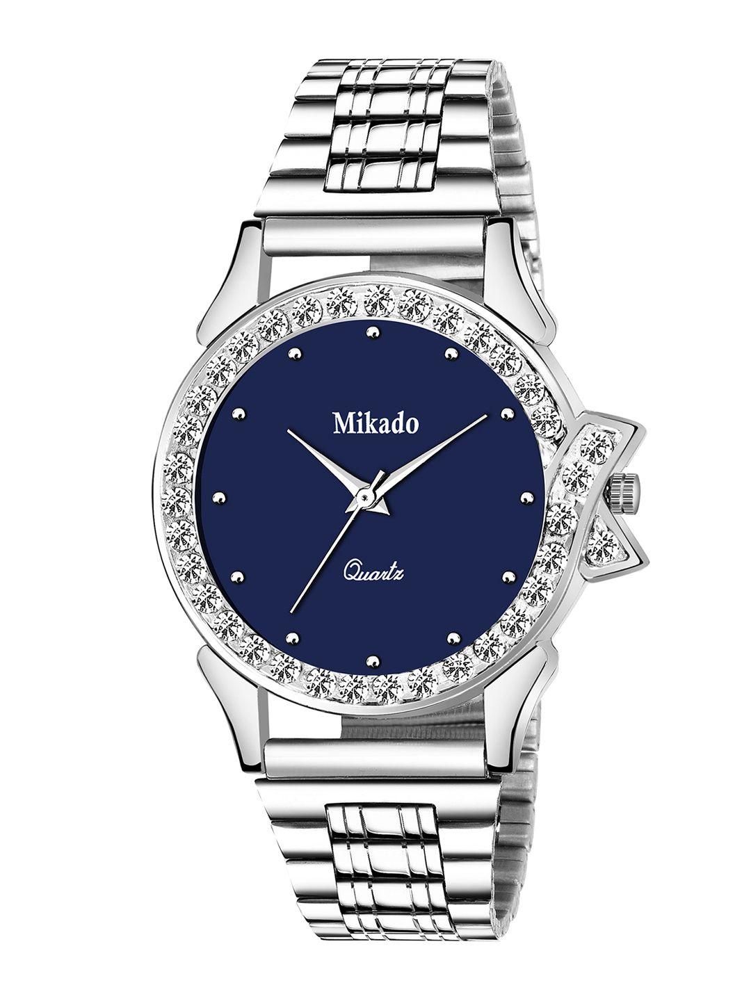 mikado women blue brass embellished dial & silver toned stainless steel bracelet style straps analogue watch