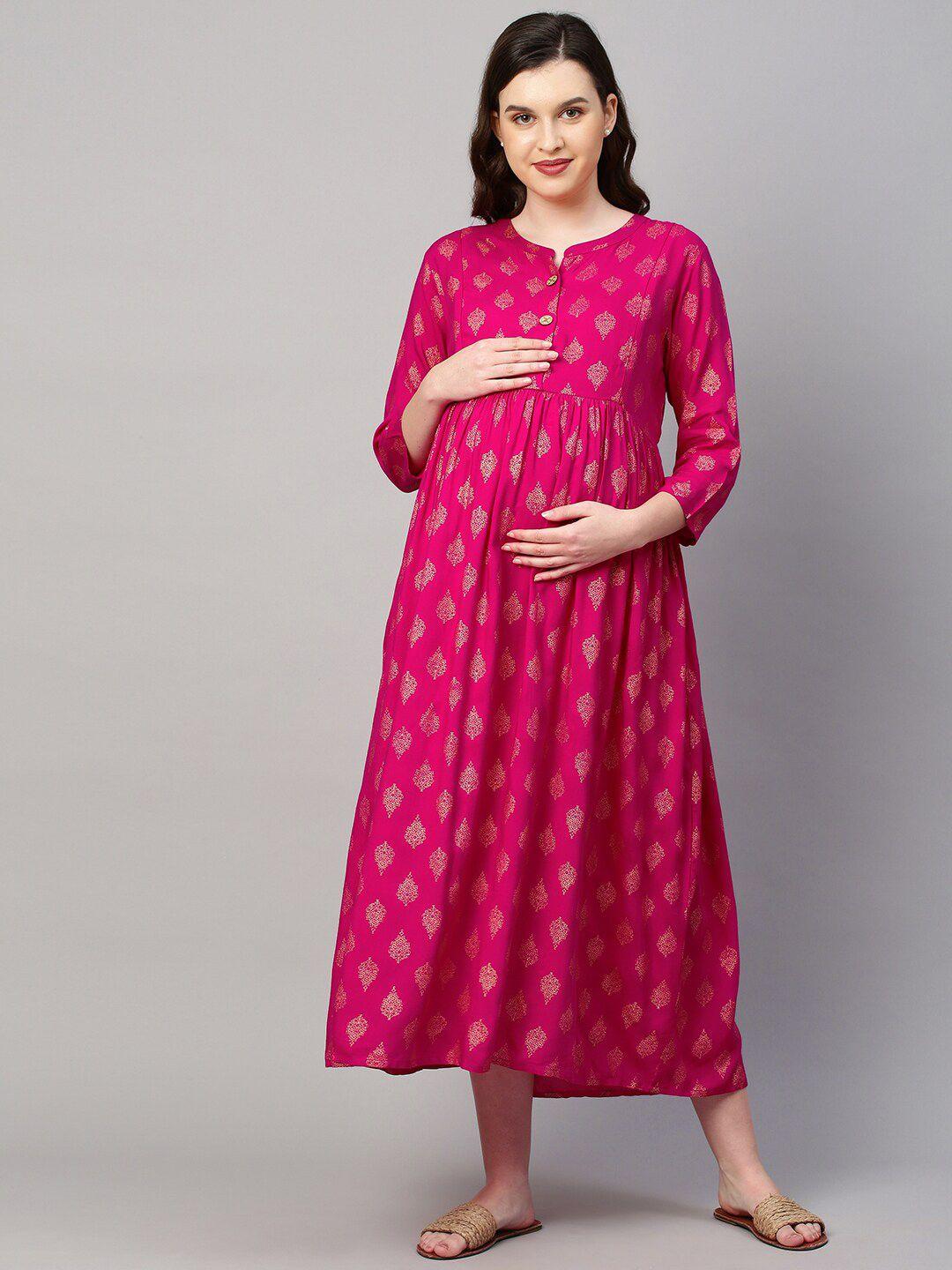 momtobe pink ethnic motifs maternity a-line midi nursing sustainable dress