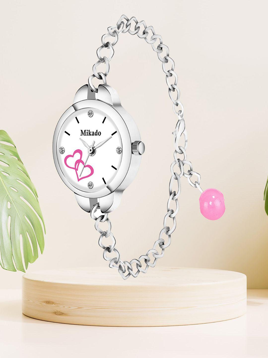 mikado women white brass printed dial & silver toned stainless steel bracelet style straps analogue watch pink chain watch-pink