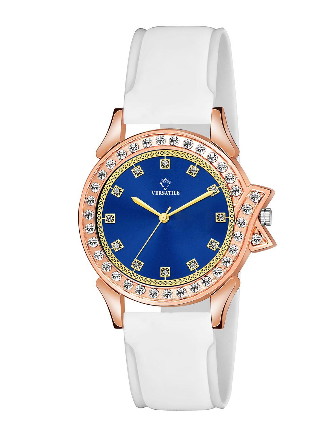 versatile women blue brass embellished dial & white straps analogue watch