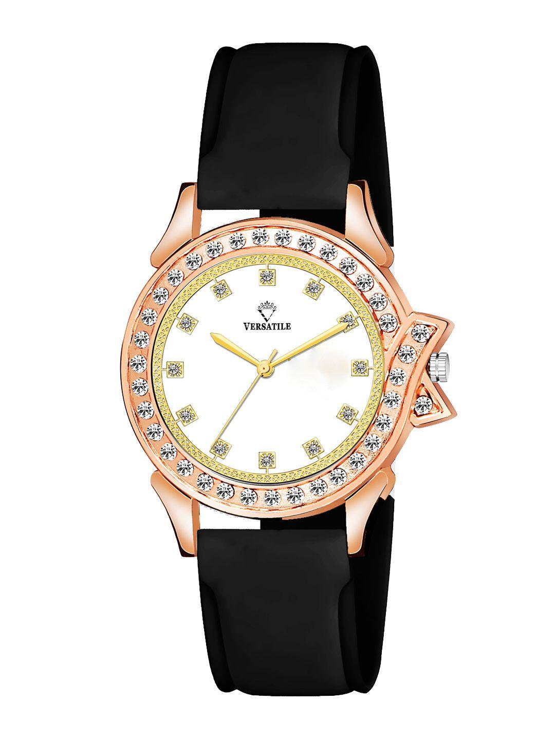 versatile women white brass embellished dial & black straps analogue watch