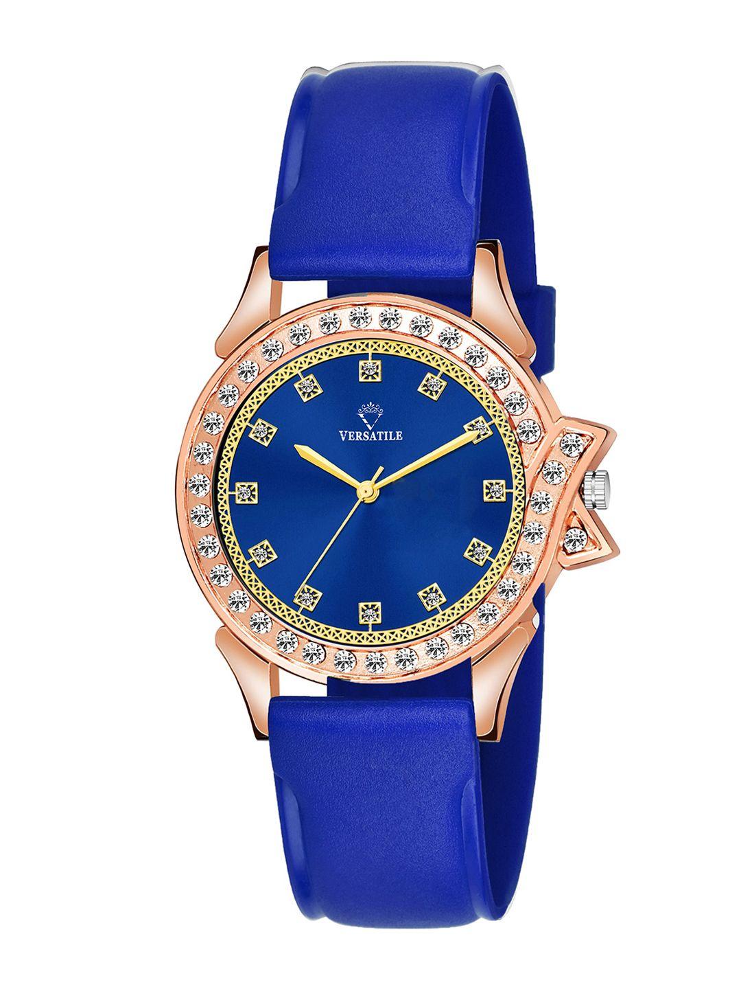 versatile women blue brass embellished dial & blue wrap around straps analogue watch