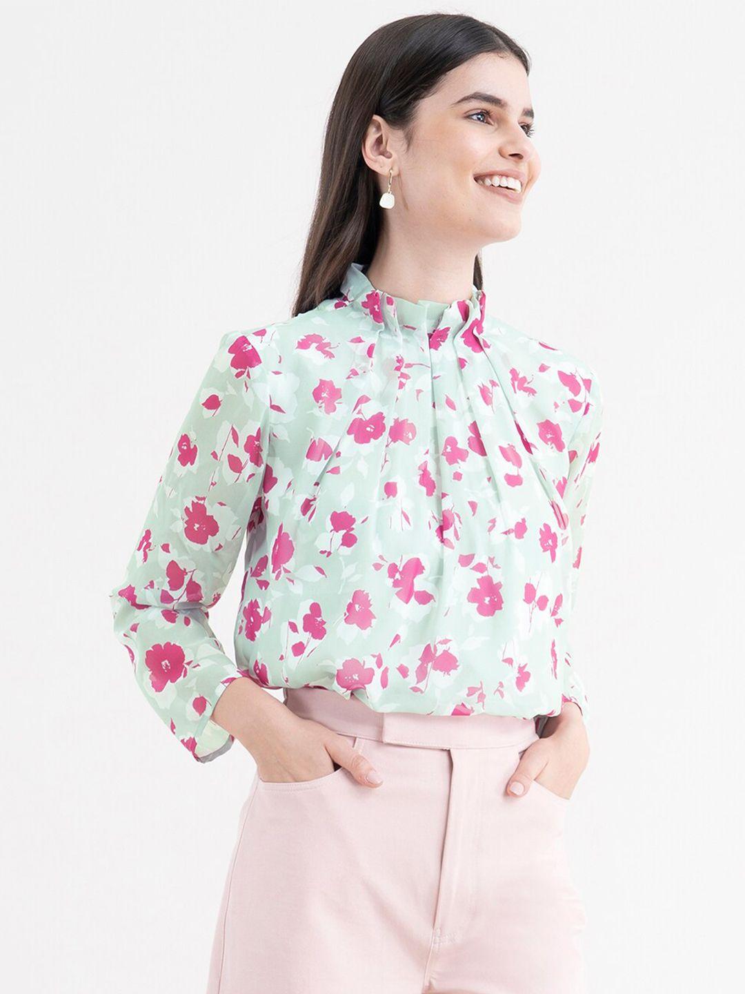 fablestreet women green & pink floral print georgette top