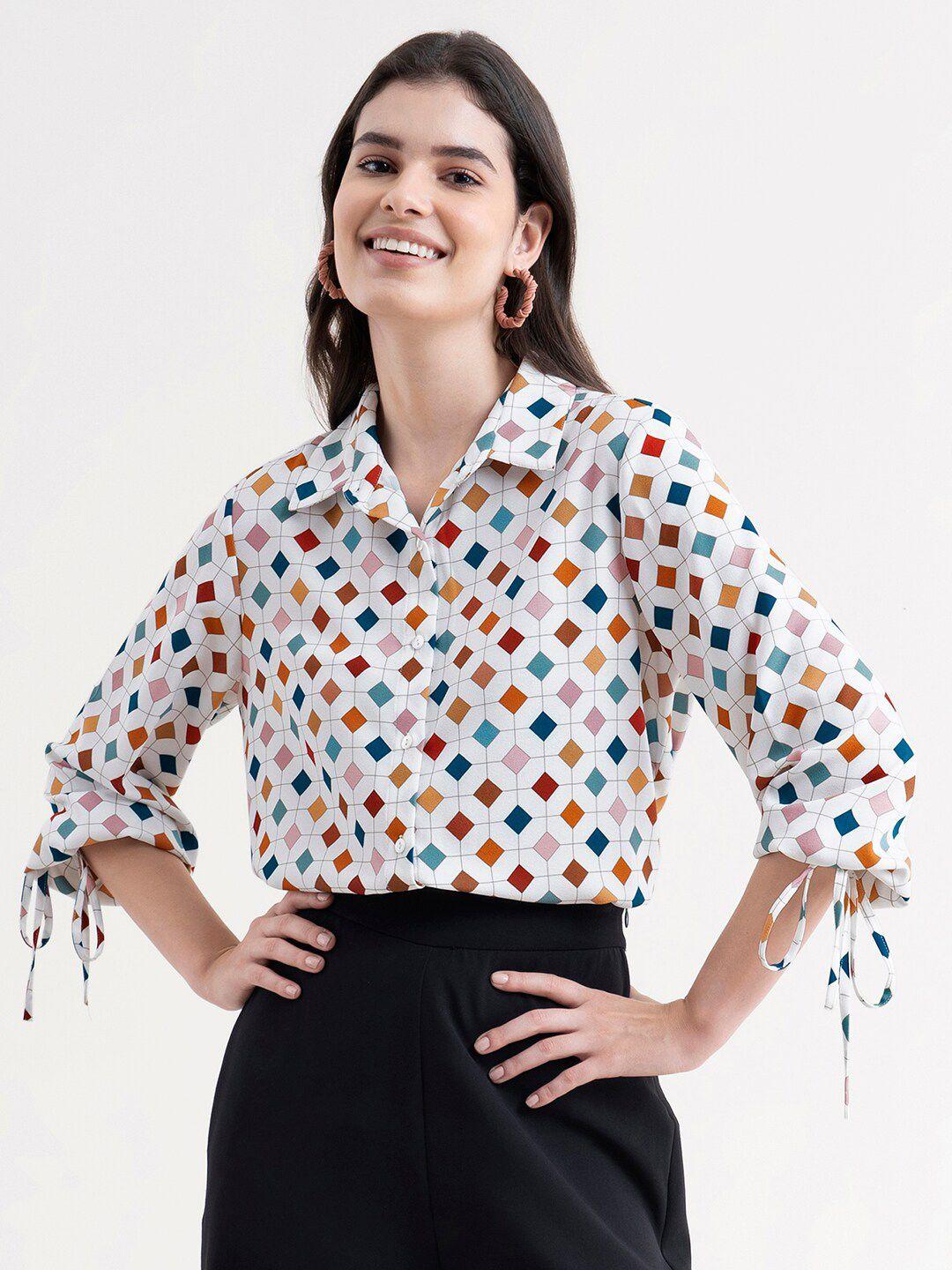 fablestreet women white comfort printed formal shirt