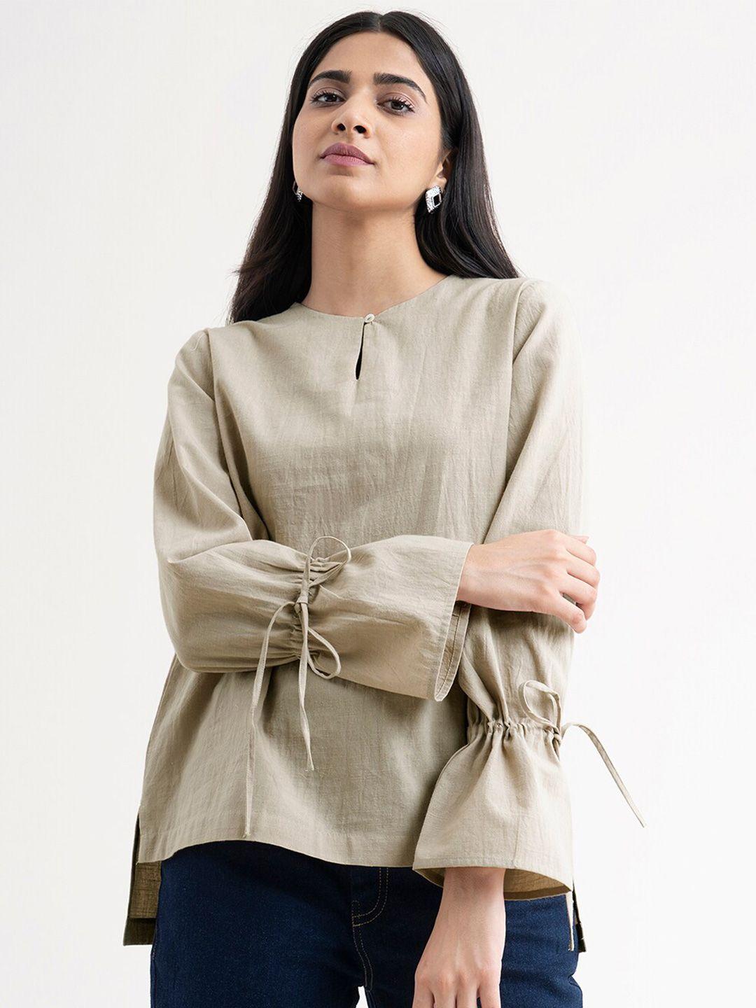 fablestreet beige keyhole neck cinched waist top