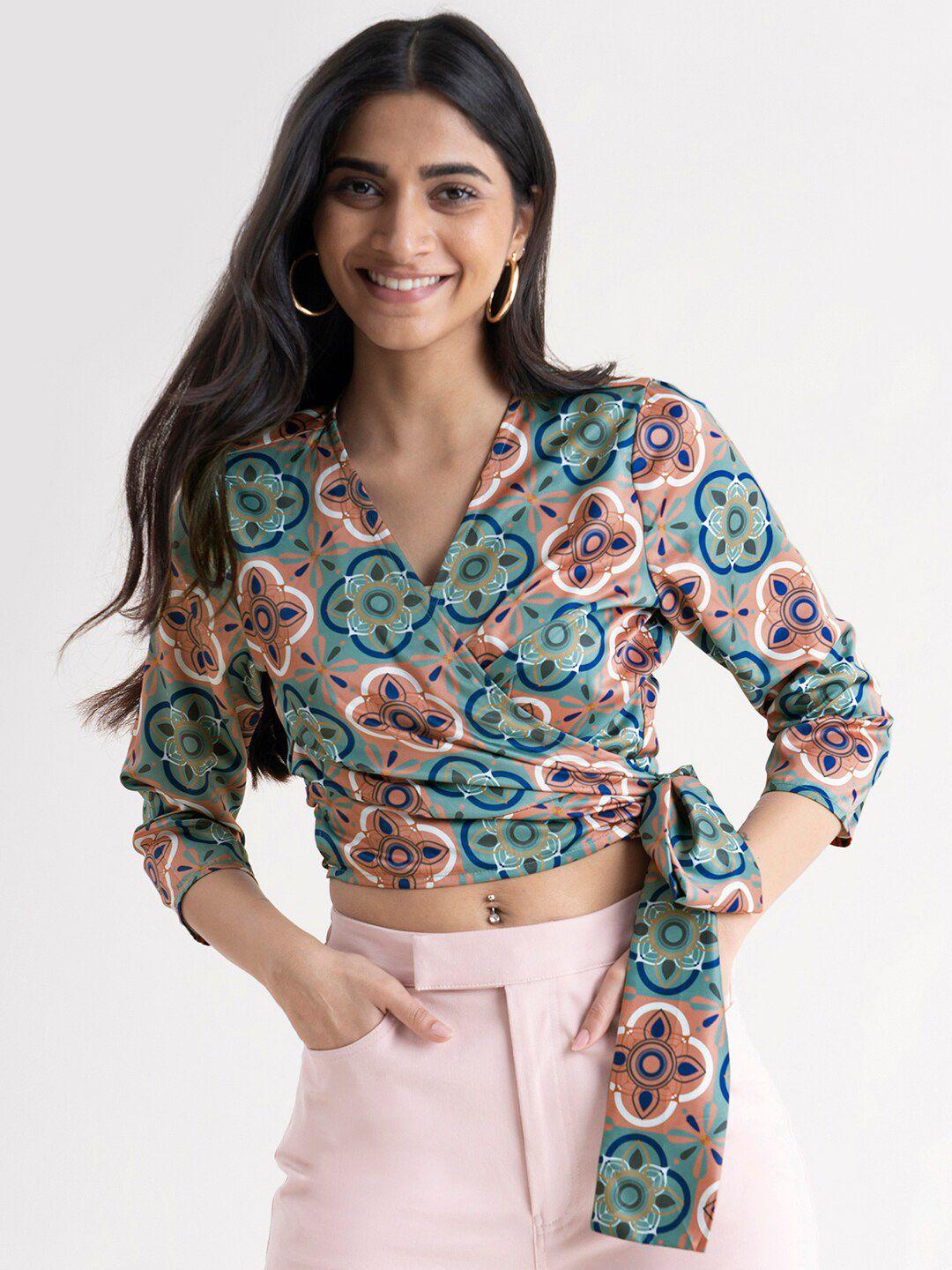 fablestreet green print satin wrap crop top