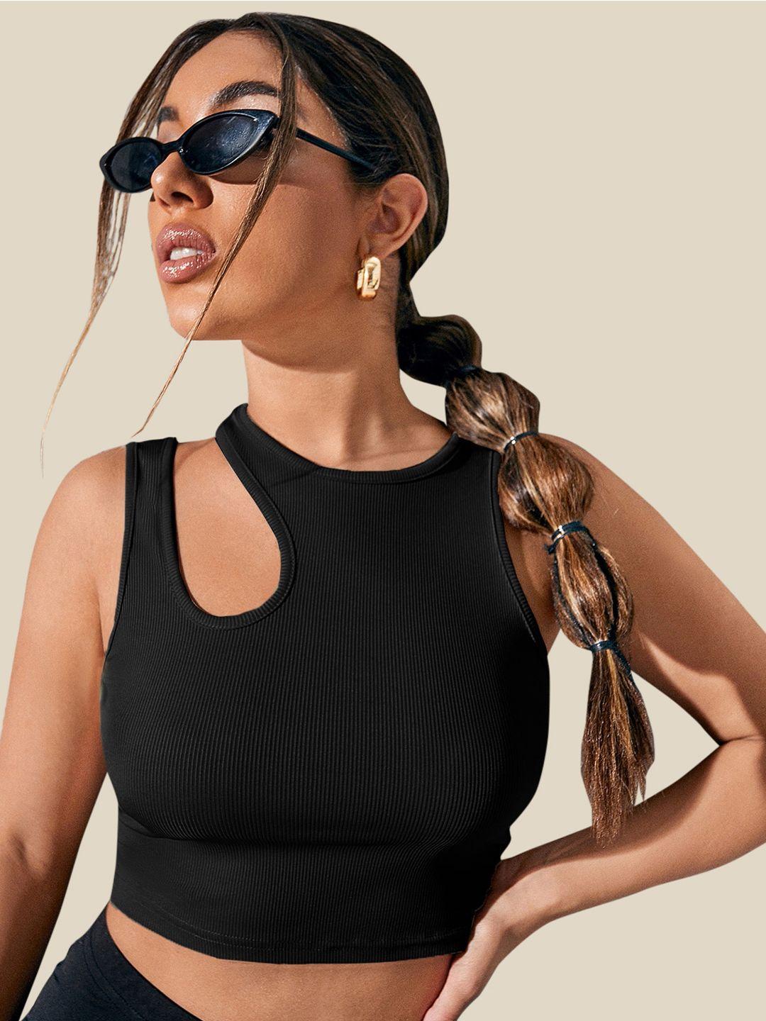 aahwan black cut-out neck fitted crop top