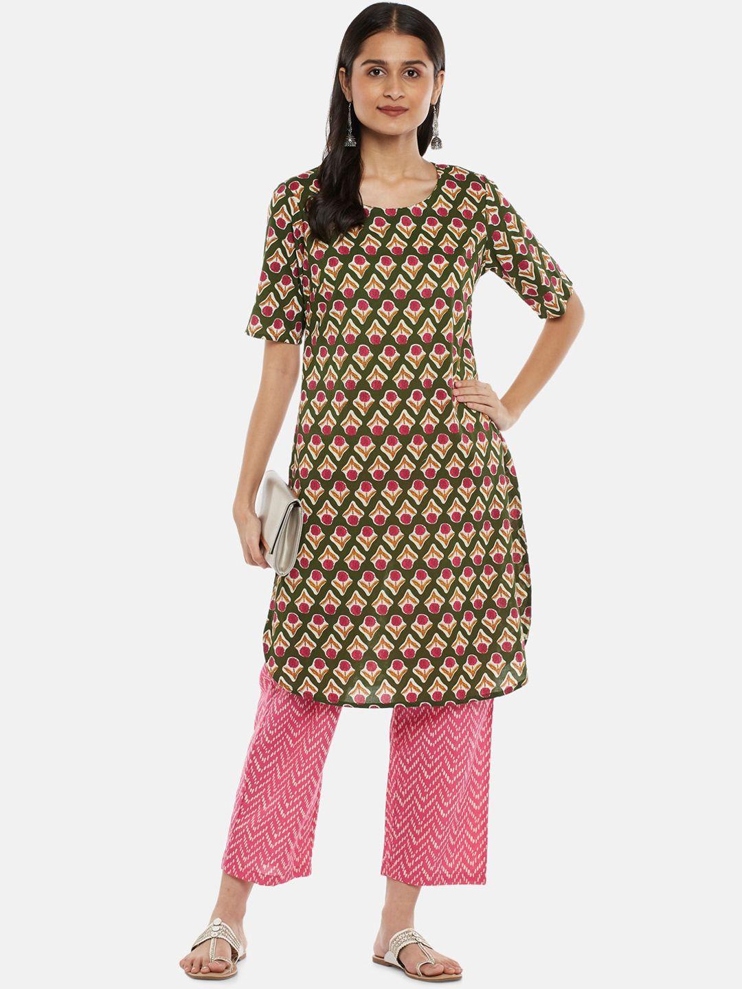 rangmanch by pantaloons women sea green printed pure cotton kurti with trousers