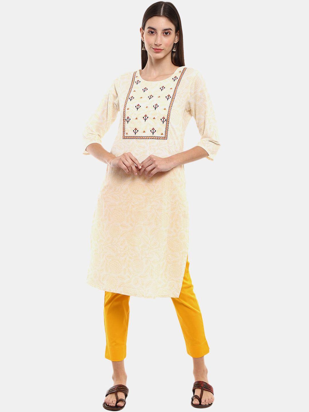 desi mix women off white embroided  round neck kurta