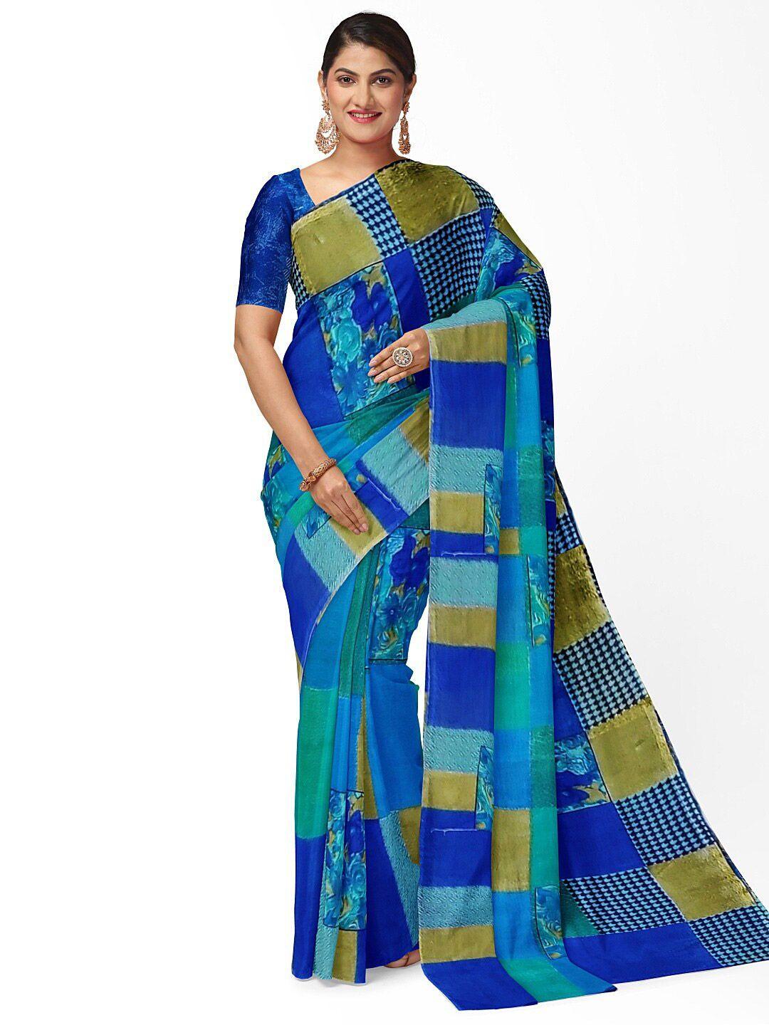 florence blue & beige ethnic motifs pure georgette fusion dharmavaram saree