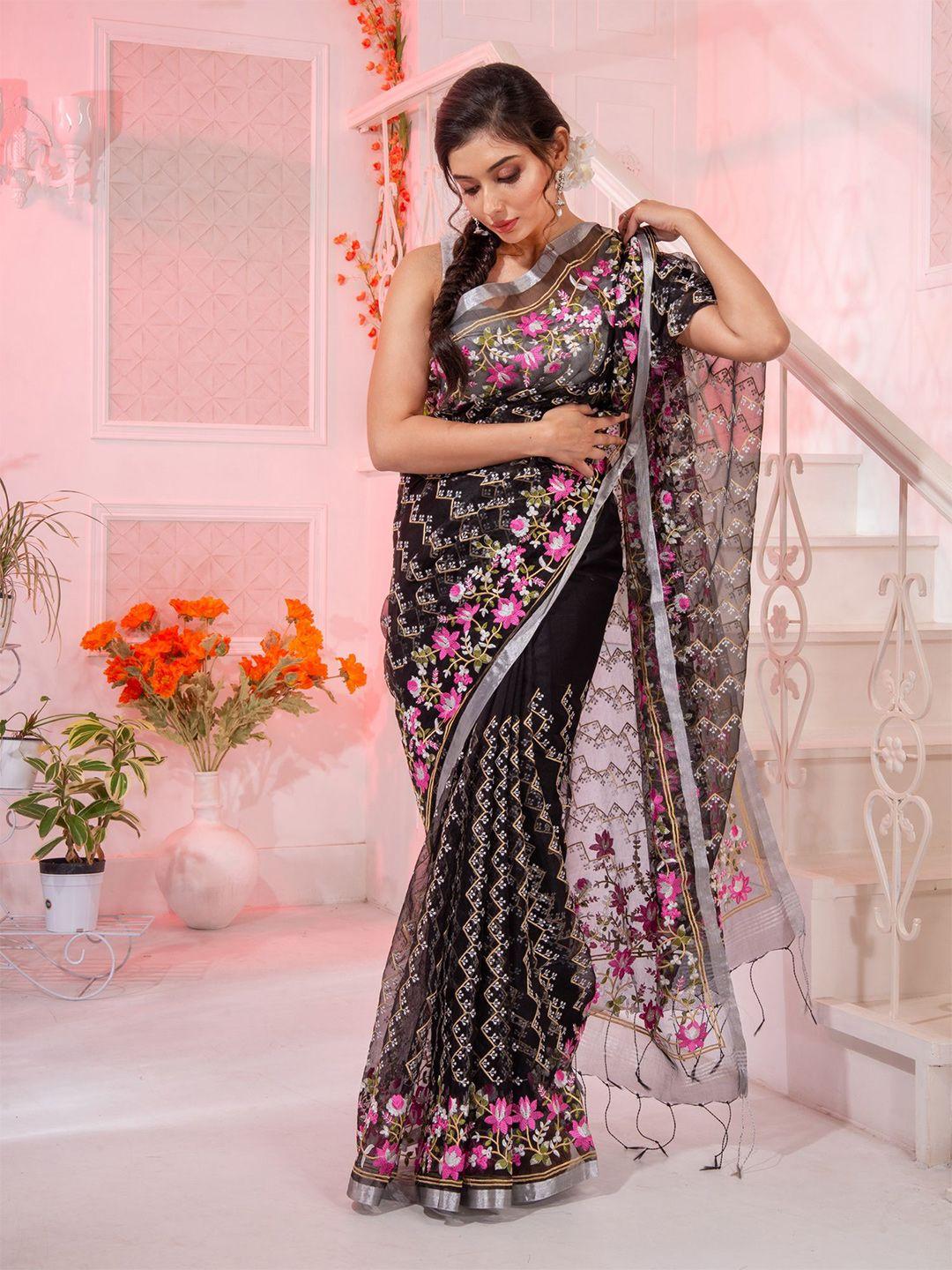 charukriti black & pink floral pure silk saree