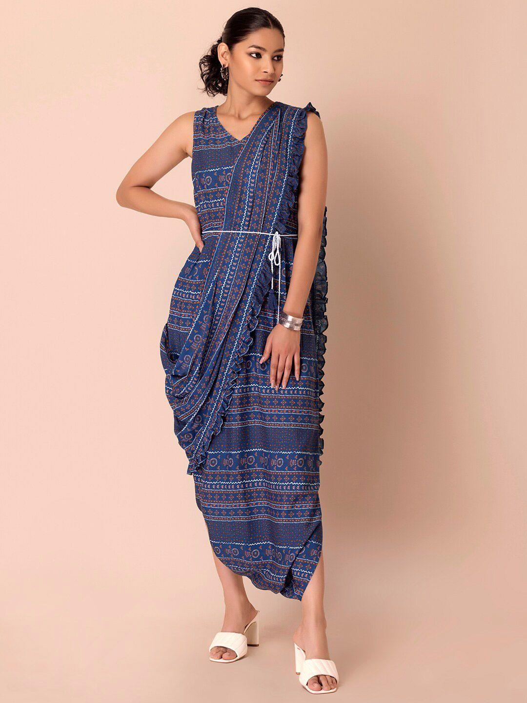 indya blue & orange printed basic jumpsuit