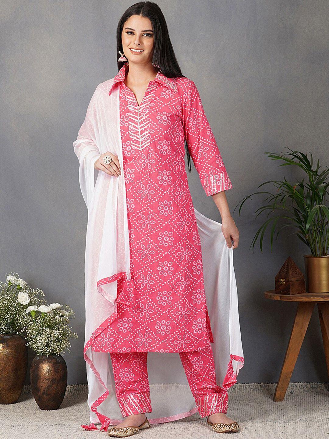 metro-fashion women pink ethnic motifs embroidered gotta patti pure cotton kurta set