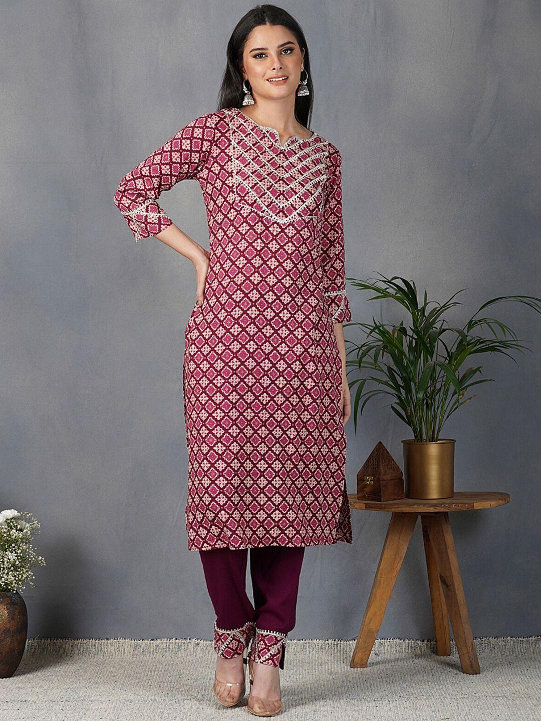 metro-fashion women magenta ethnic motifs printed gotta patti kurta with trousers