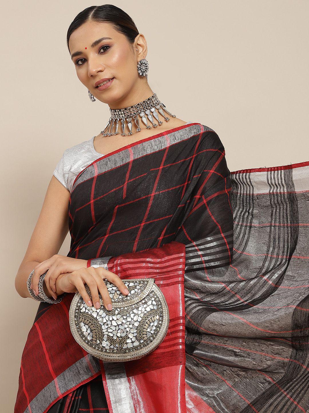 ishin black & red checked zari saree