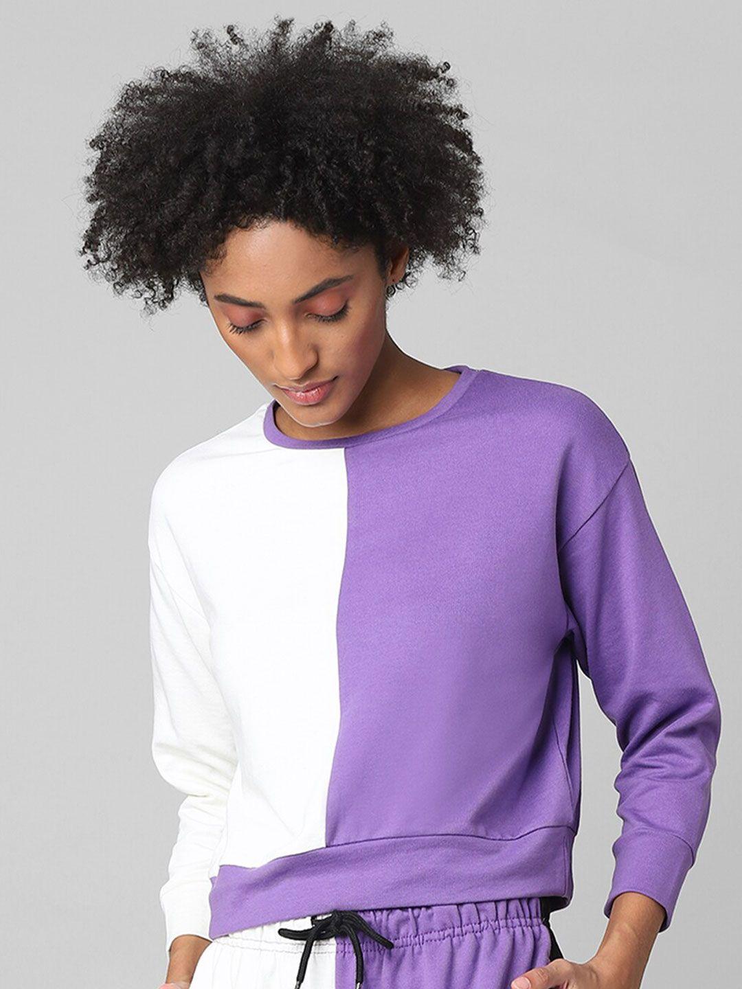 only women purple & white colourblocked cotton sweatshirt