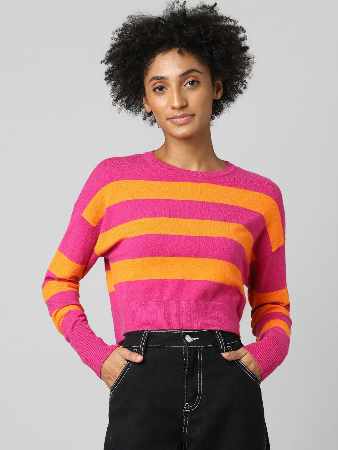 only women pink & yellow striped crop pullover