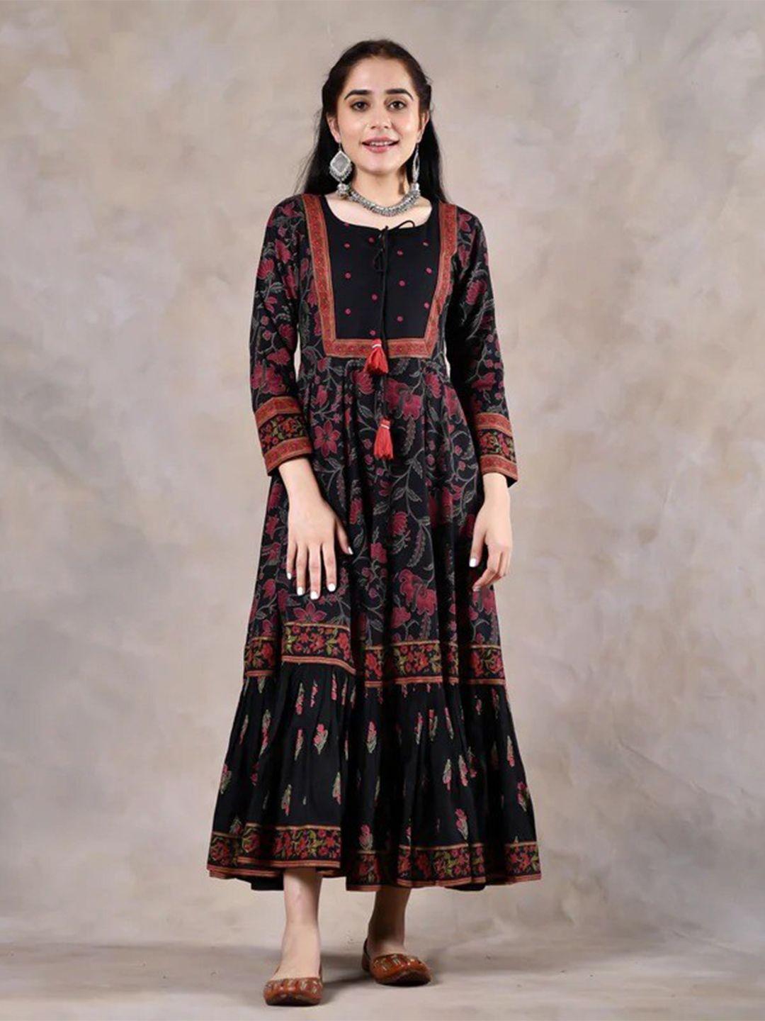 rustorange black & red ethnic motifs tie-up neck rayon maxi dress