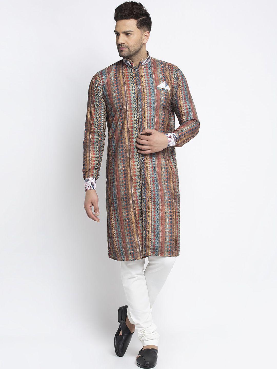 benstoke men brown & white printed sherwani set