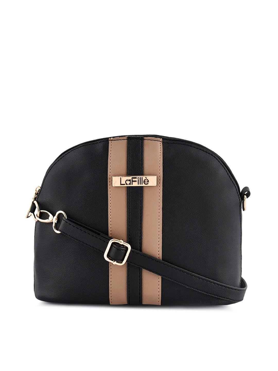 lafille women black striped pu structured sling bag with tasselled