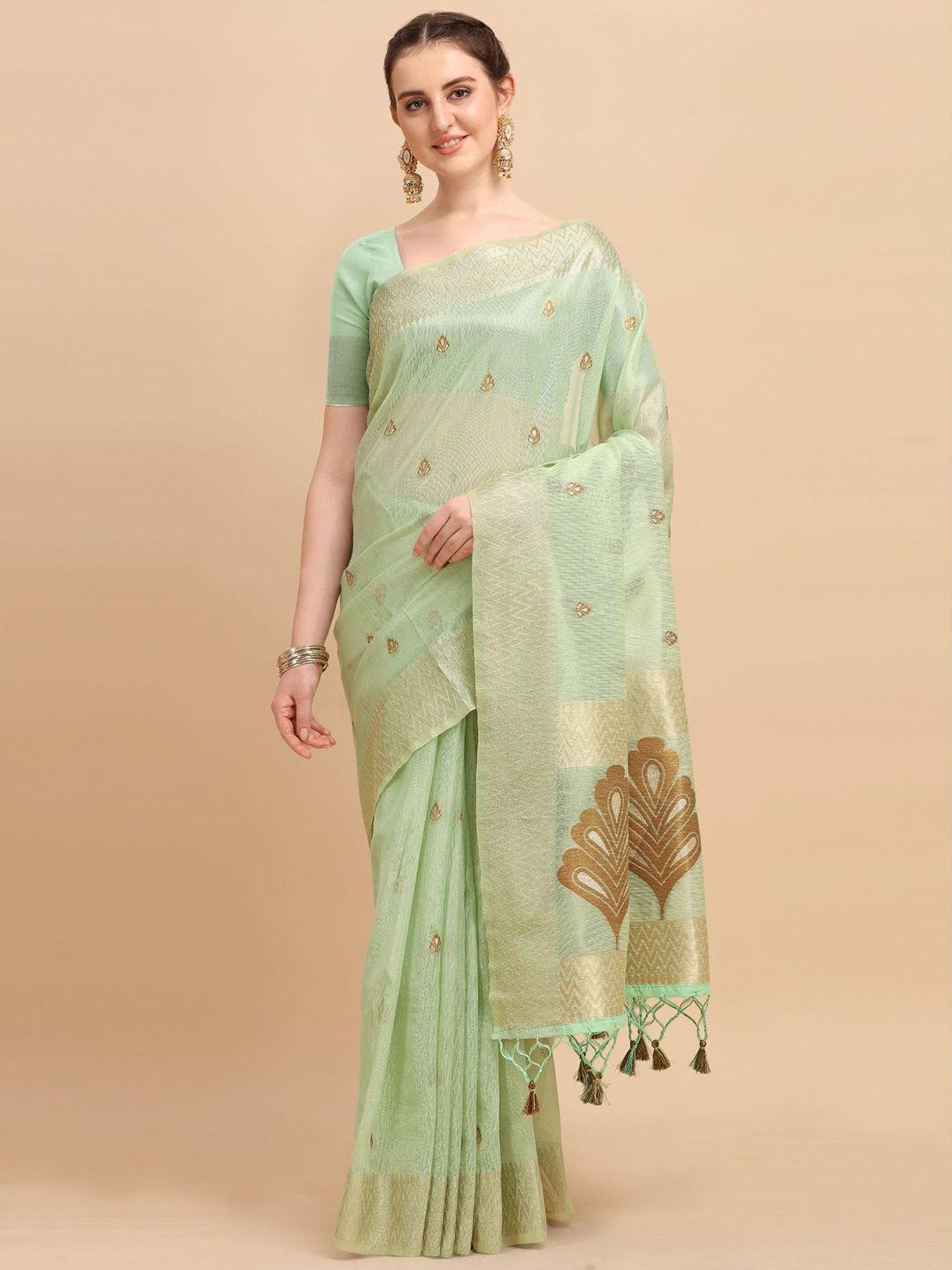 vishnu weaves sea green & gold-toned woven design zari tissue banarasi saree