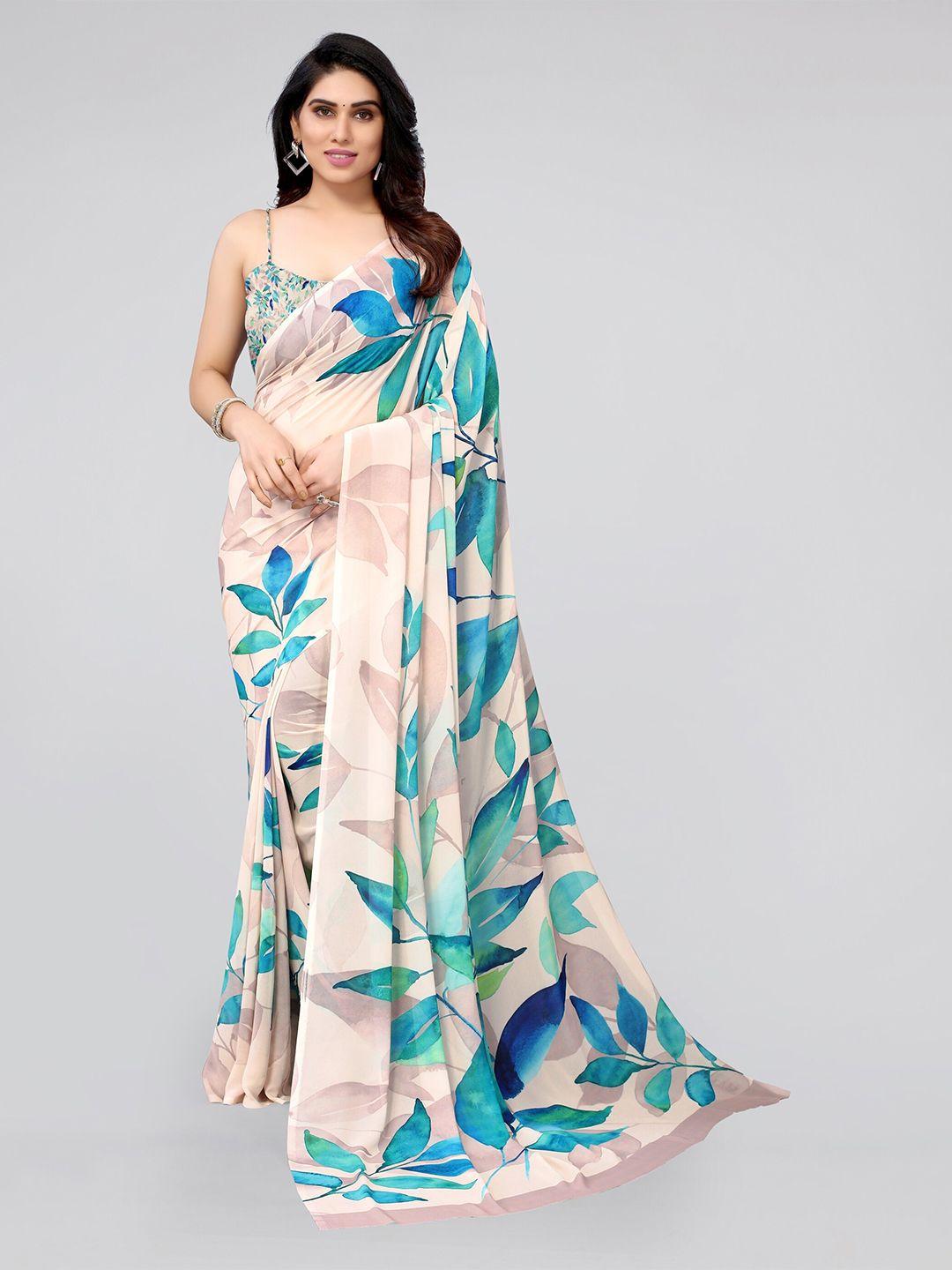 mirchi fashion cream-coloured & blue floral saree