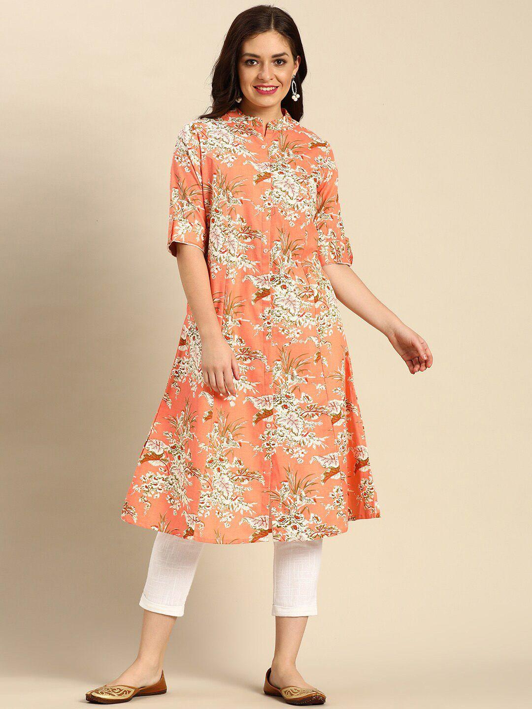 flavido women peach-coloured floral printed anarkali kurta