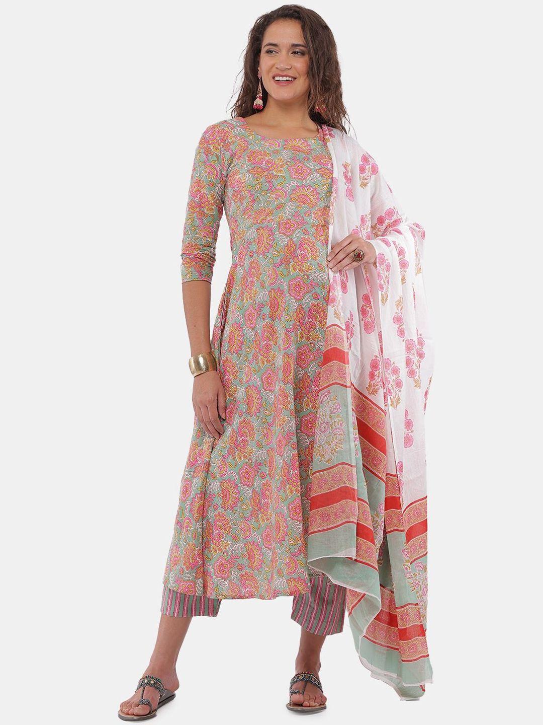 the mom store green floral printed pure cotton maternity kurta with trousers & dupatta