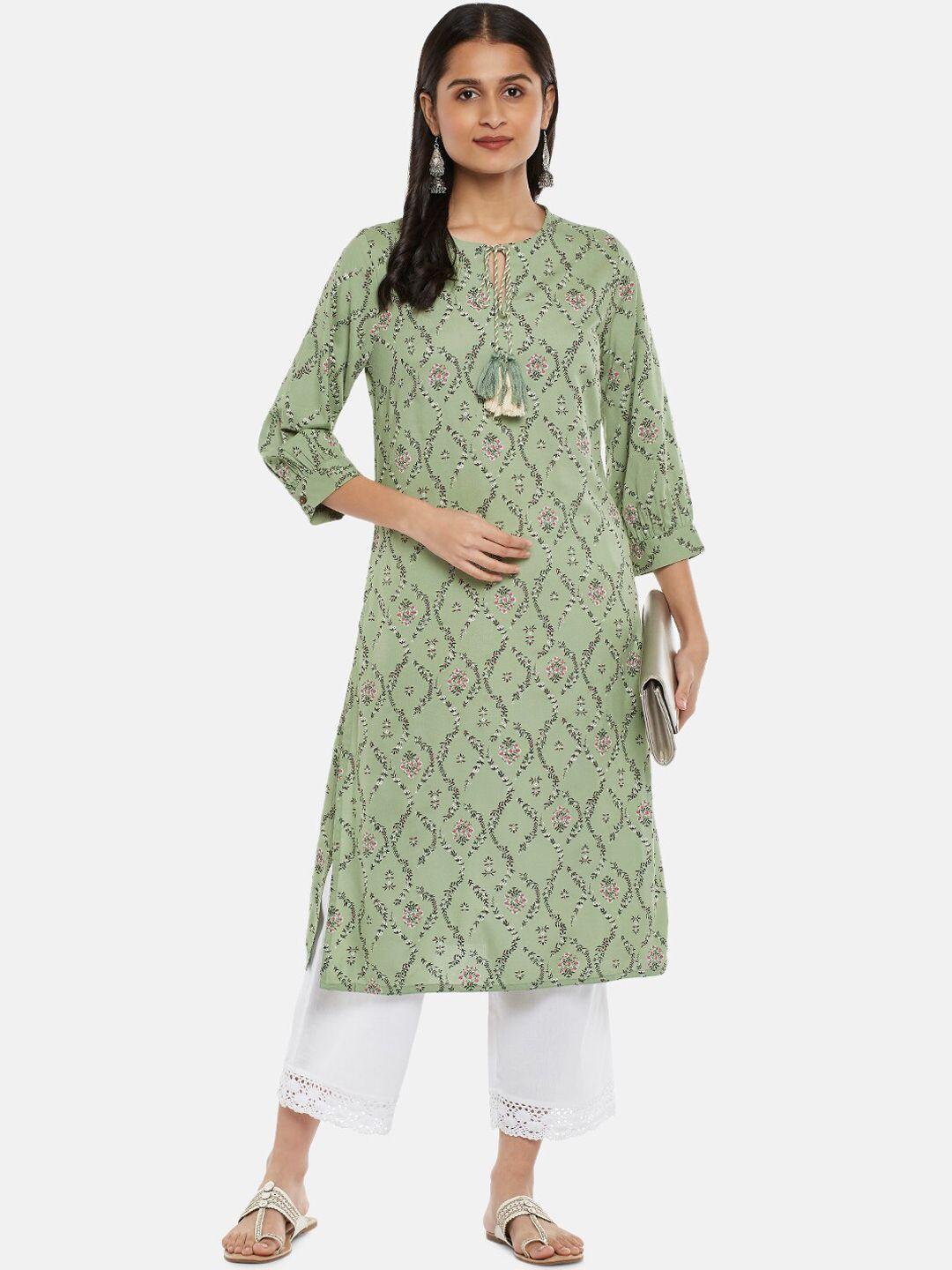 rangmanch by pantaloons women green ethnic motifs printed tie up neck kurta