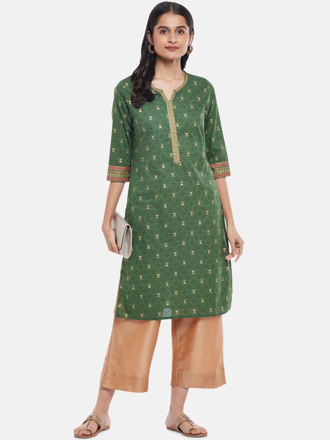 rangmanch by pantaloons women olive green geometric printed thread work kurta