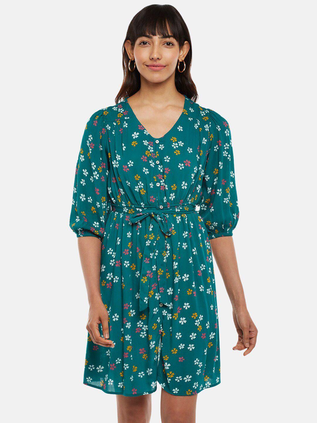 people women teal floral printed a-line dress