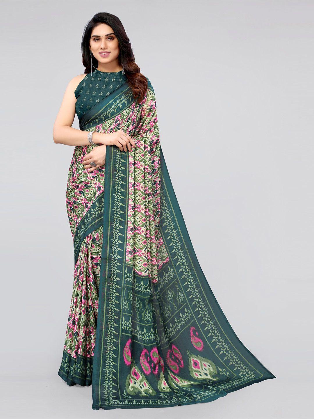 mirchi fashion teal & pink ikat saree