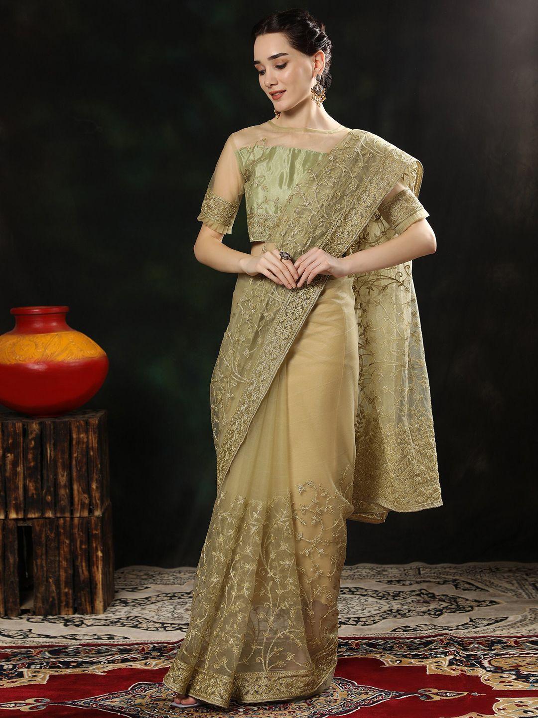 orus women beige & gold-toned floral embroidered net saree