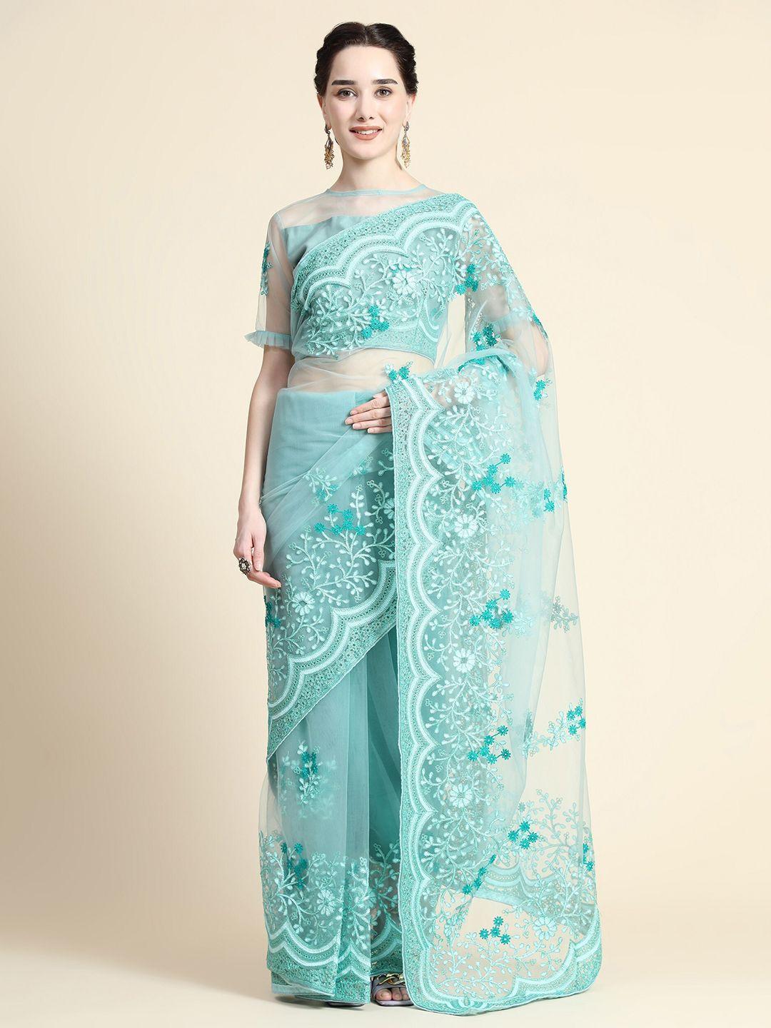 orus women turquoise blue floral embroidered net saree