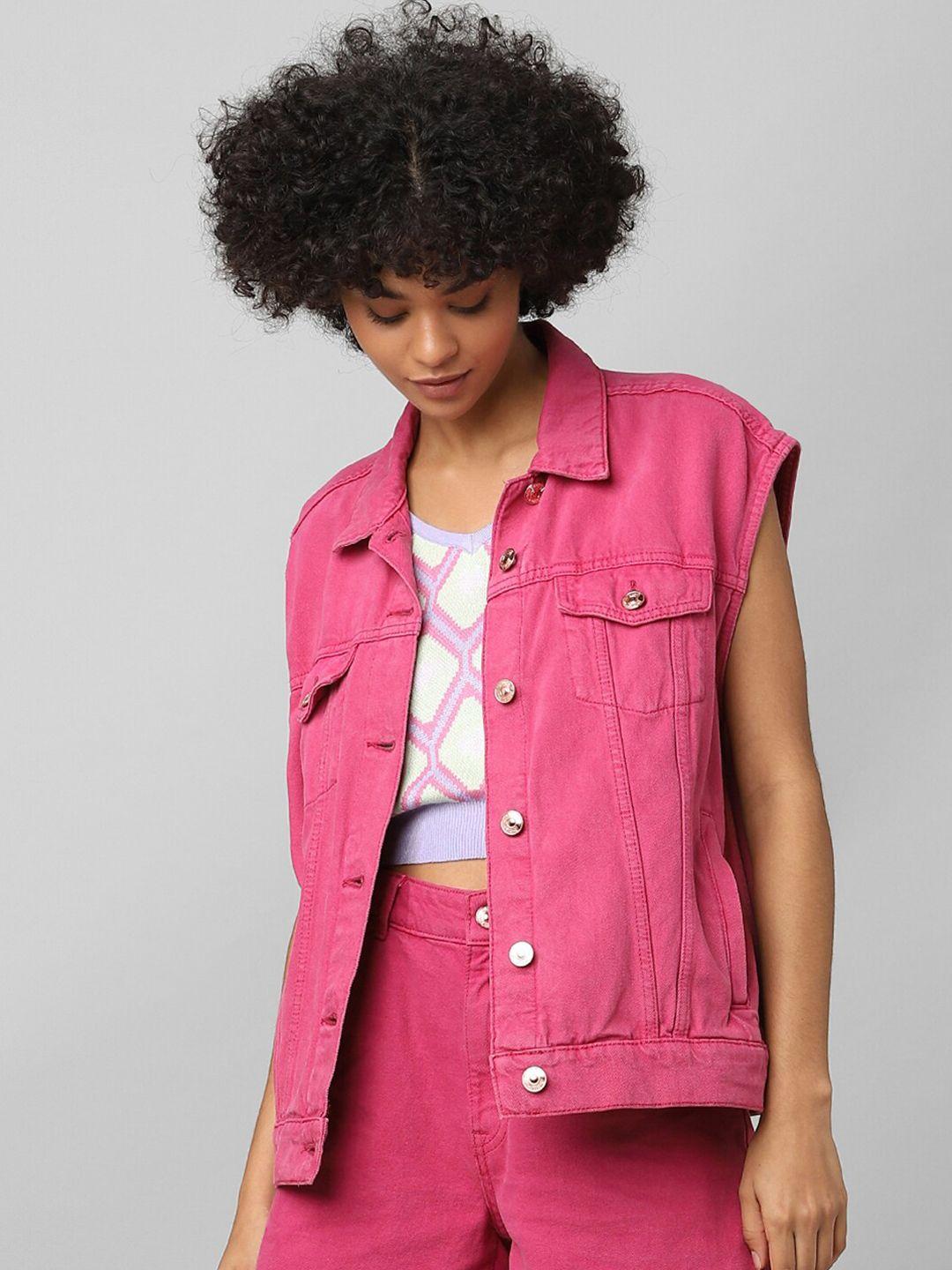 only women pink solid denim jacket with embroidered