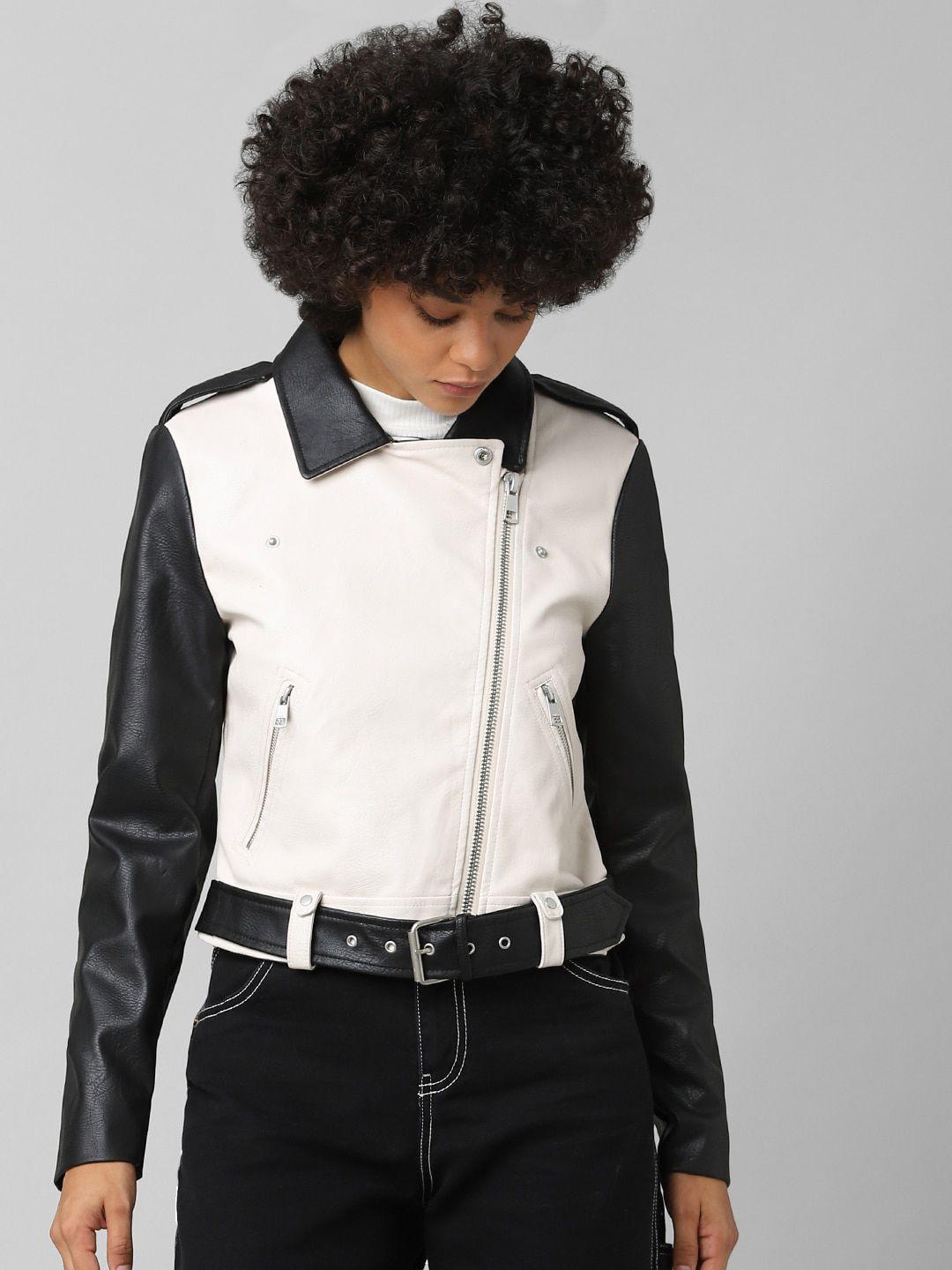 only women beige black colourblocked biker jacket