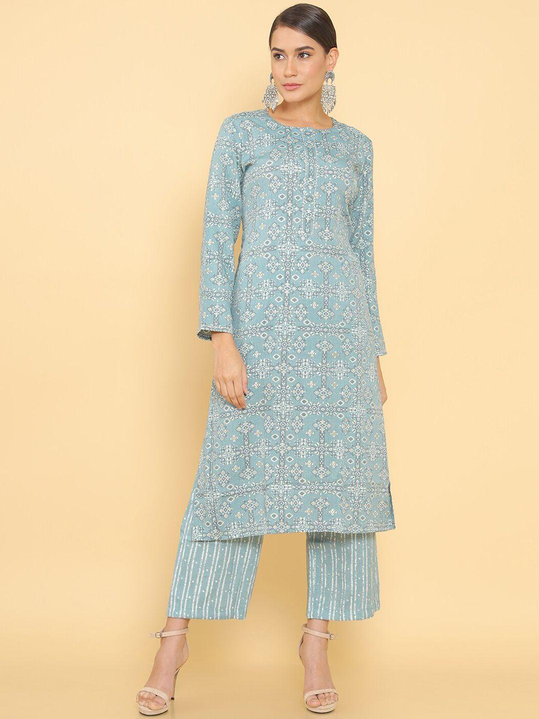 soch women blue ethnic motifs printed kurta with trousers