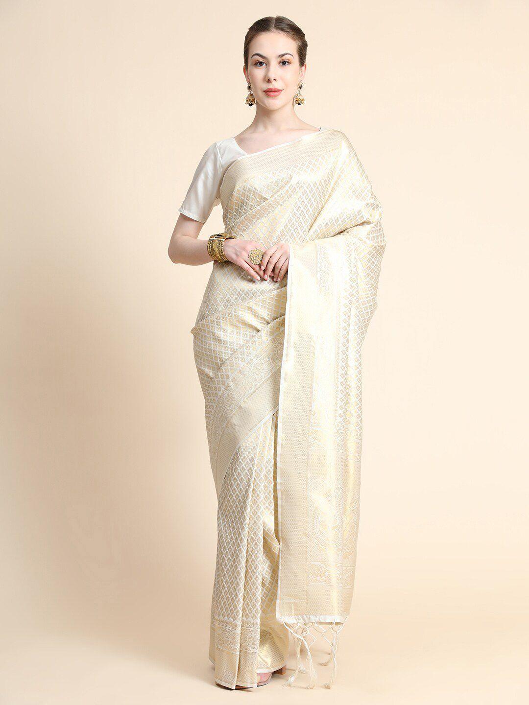 bahuji women white & silver-toned woven design zari art silk banarasi saree