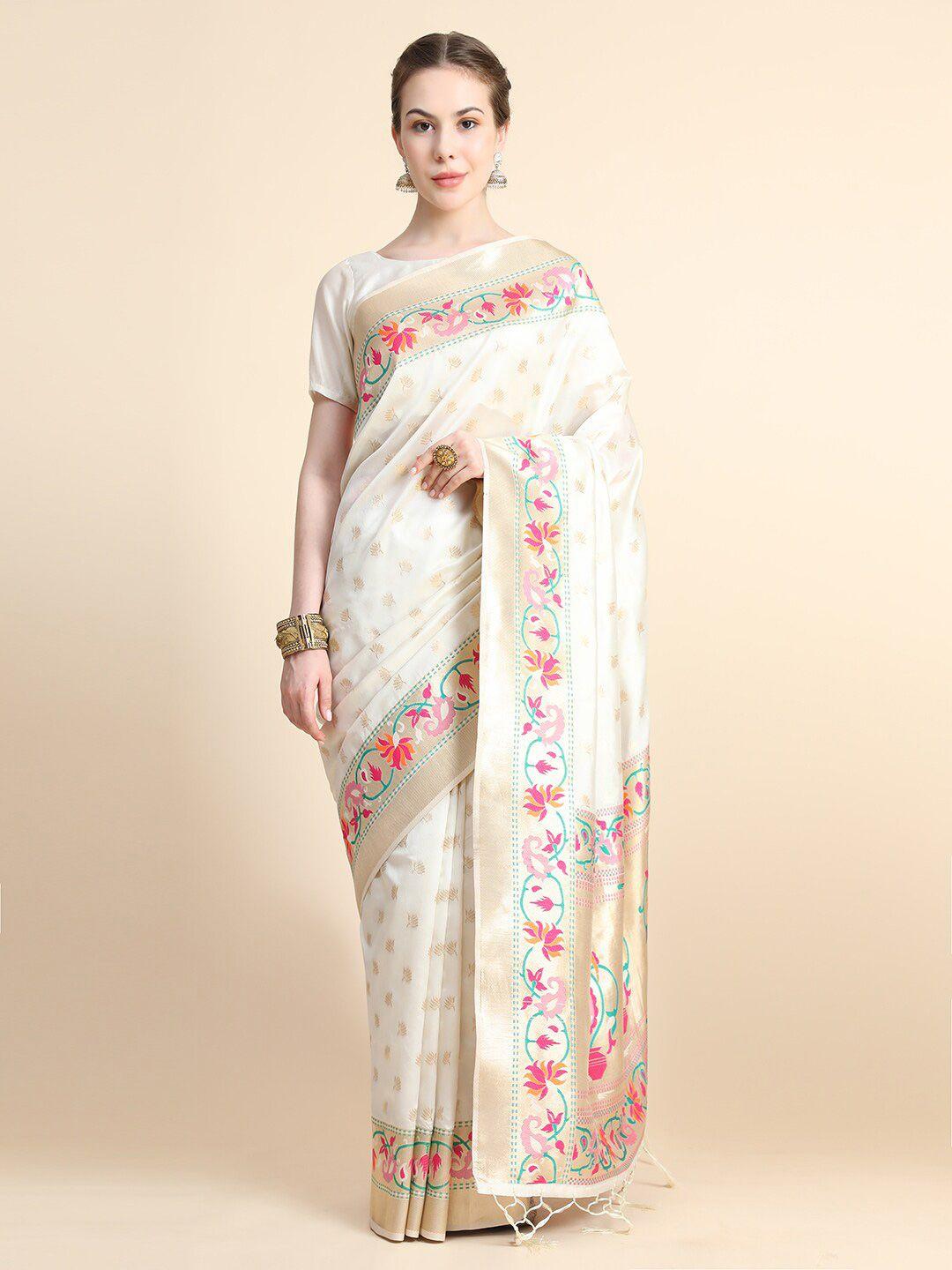 bahuji white & green woven design zari art silk banarasi saree