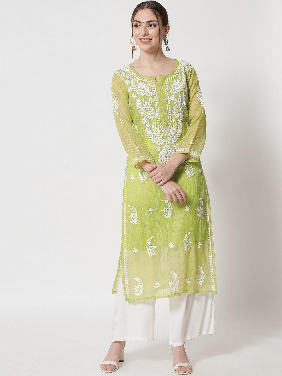 paramount chikan women lime green hand embroidered chikankari kurta