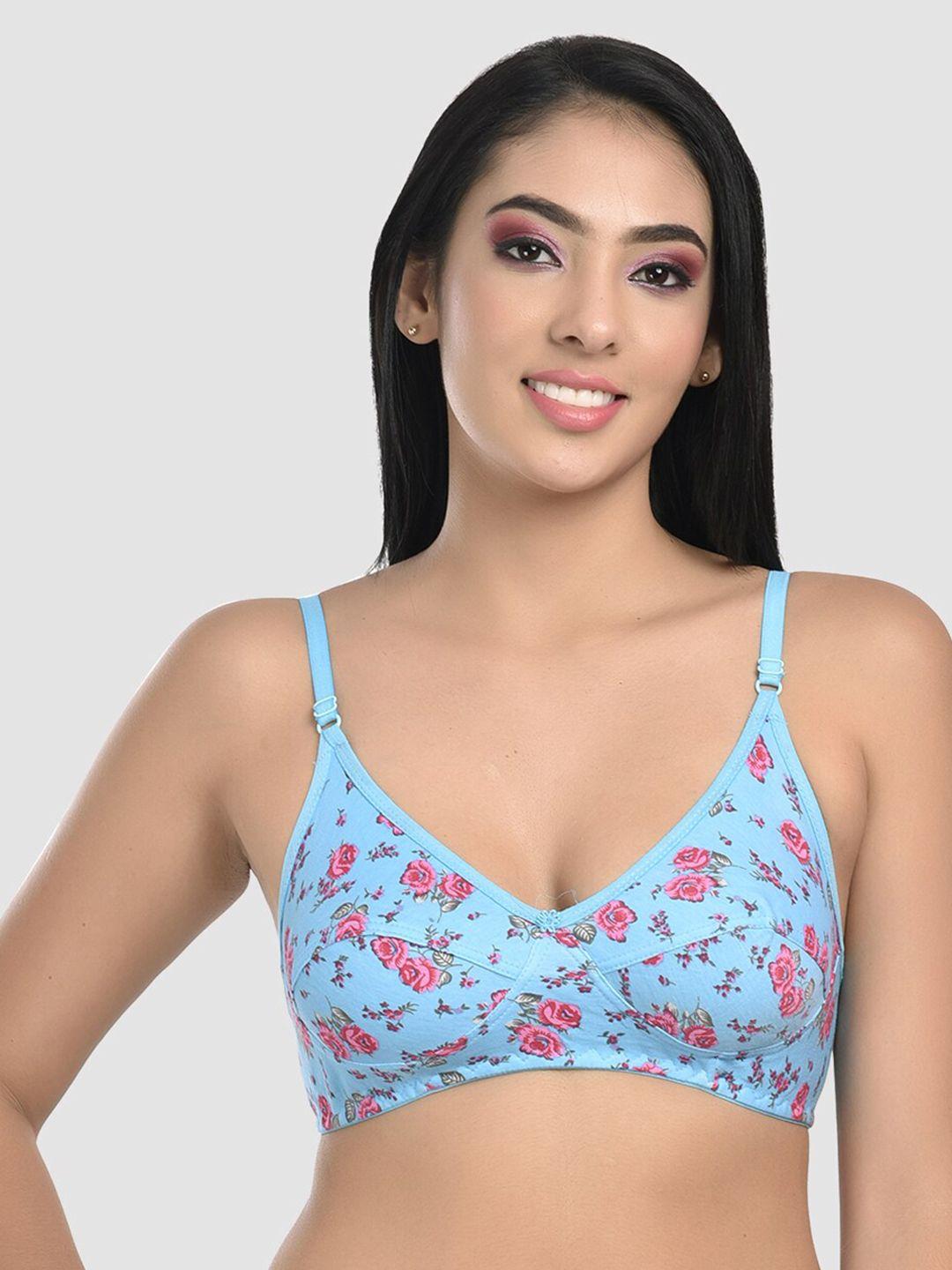 styfun women blue floral cotton blend full coverage t-shirt bra