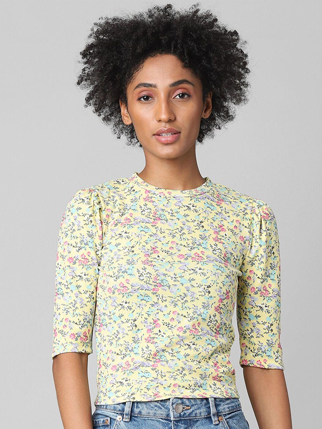 only women yellow floral printed slim fit t-shirt