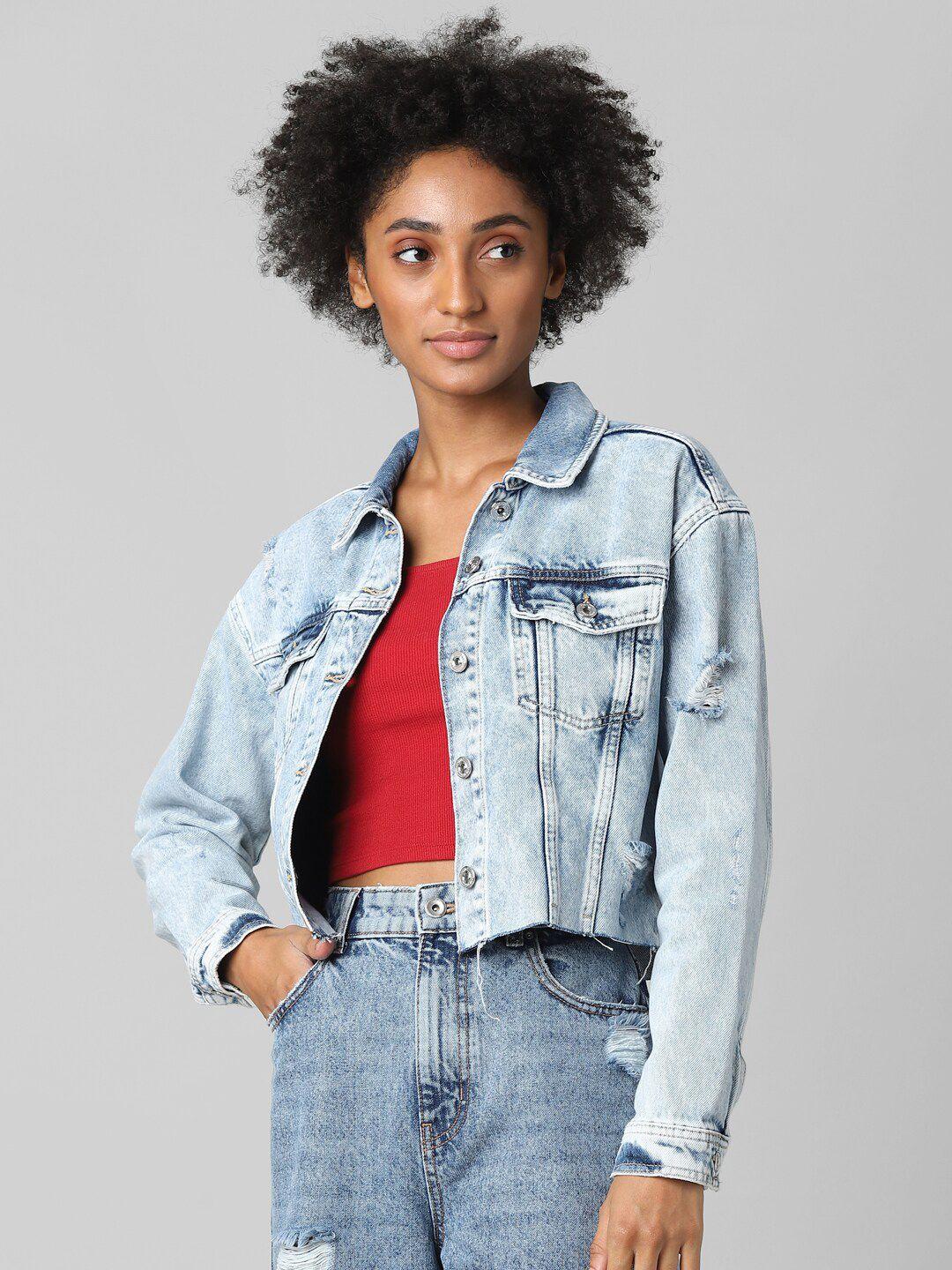 only women blue washed crop denim jacket