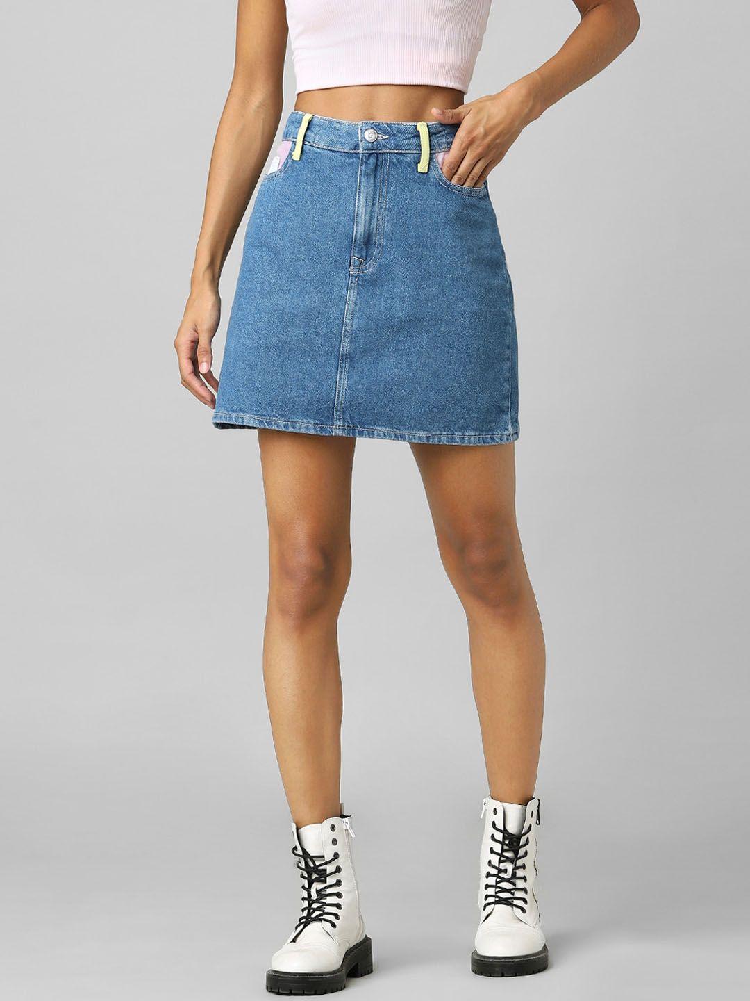 only women blue solid denim mini skirts