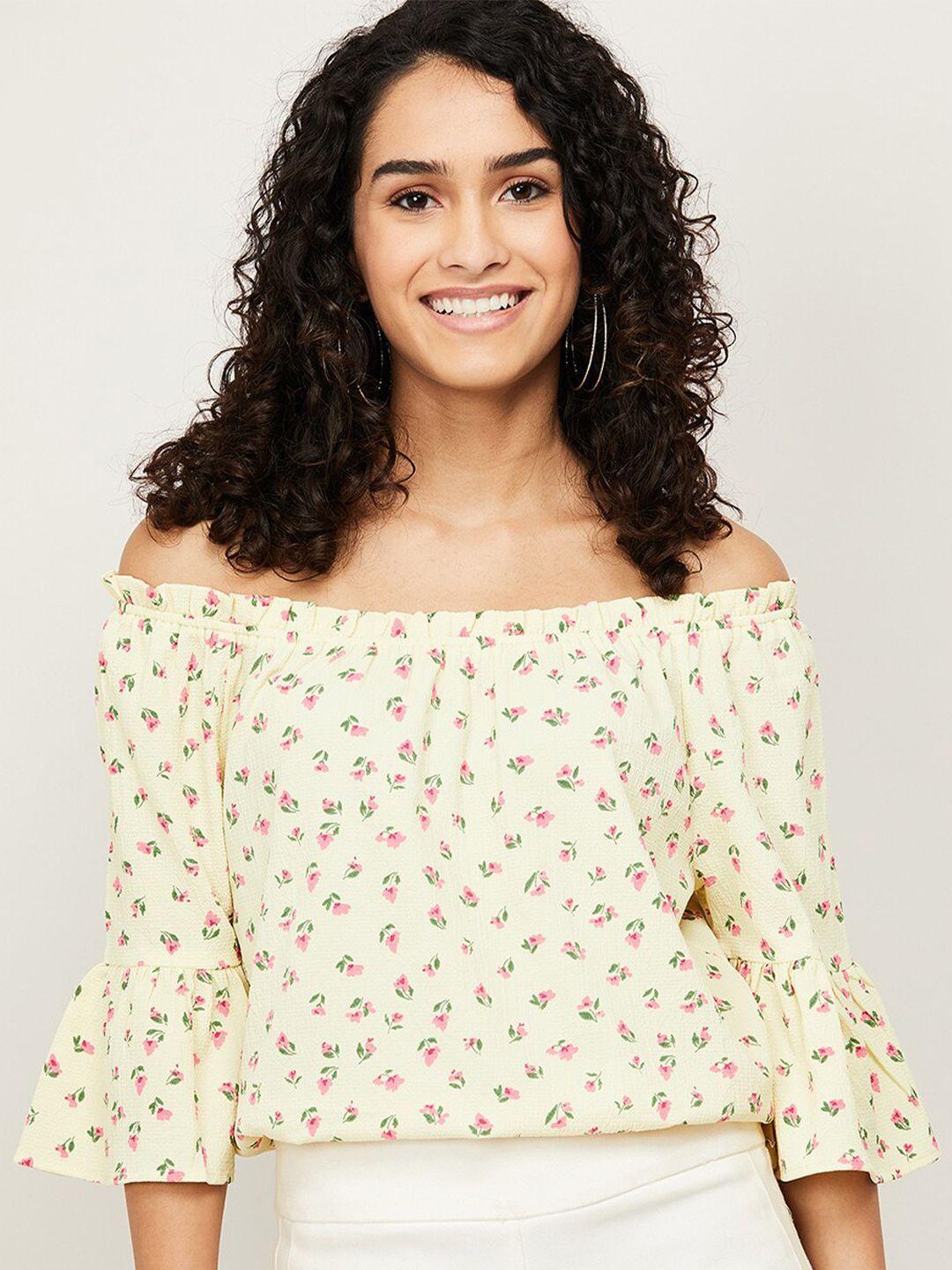 fame forever by lifestyle yellow floral print off-shoulder bardot crop top