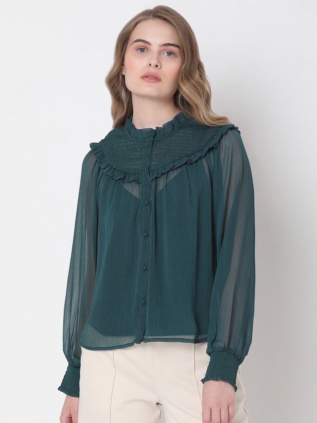 vero moda green smocked shirt style top