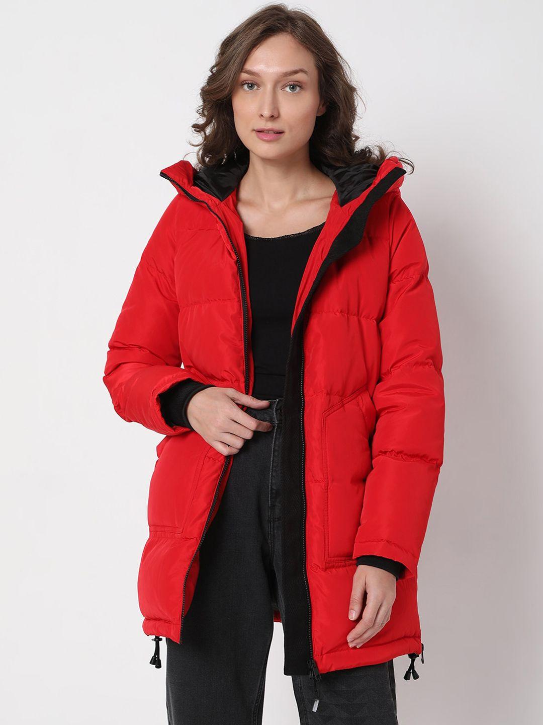 vero moda women's red colourblocked longline padded jacket